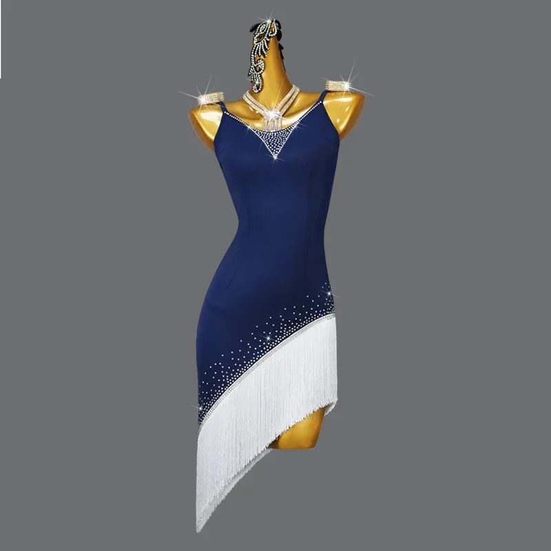

New Latin Dance Competition Dress Blue Adult Women Professional Line Fringe Short Skirts Diamond Girls Large Size Custom Samba