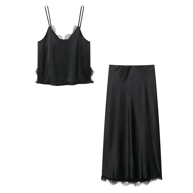 Lace Satin Midi Skirts Two Piece Sets For Women 2025 New Chic Lace Sling Top Suits Satin Elegant Summer Woman Outfits