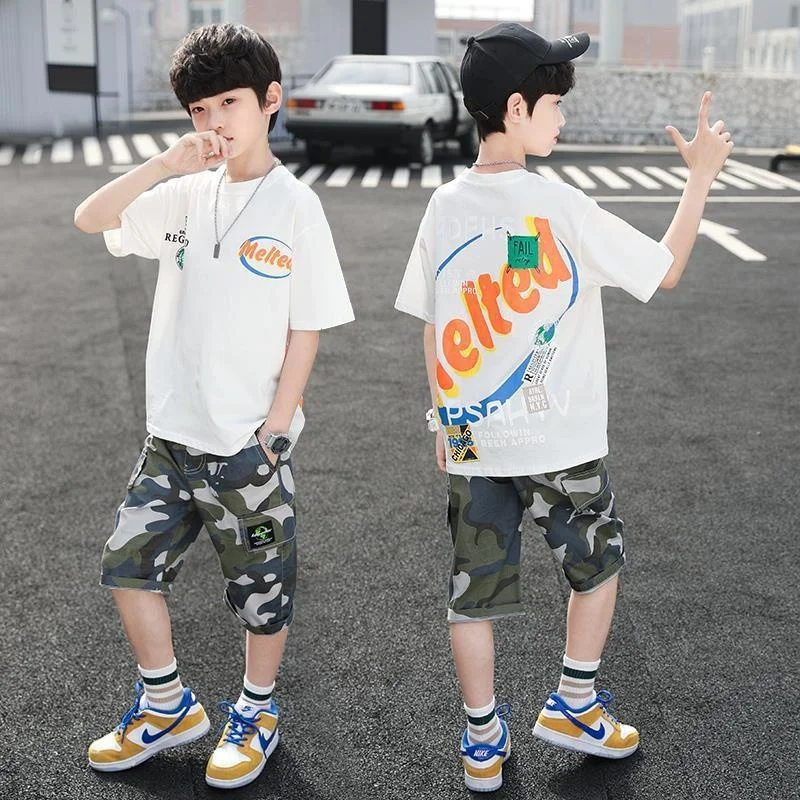

Sets Boys Summer 2023 Clothing New Fashion Letters Print T-Shirt & Camouflage Pants 2 Pieces Teenager Clothes Outfits 120-170
