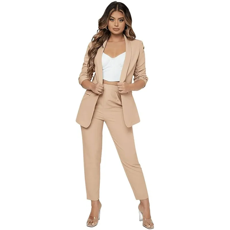 

Lansboter Khaki Women Suit 2 Pieces Solid Ruched Sleeve Business Office Suit For Shopping Work Set Blazer And Pants