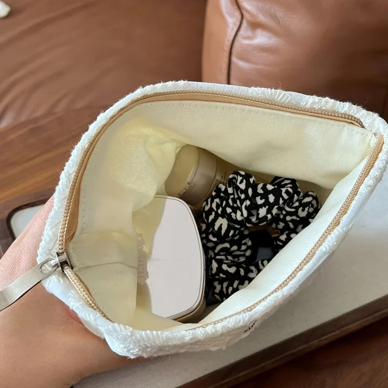 French Lace Makeup Bag, White Zippered Cosmetic Pouch w/ Lipstick Headphone Storage, Elegant Organizer Gift Her 2 Sizes