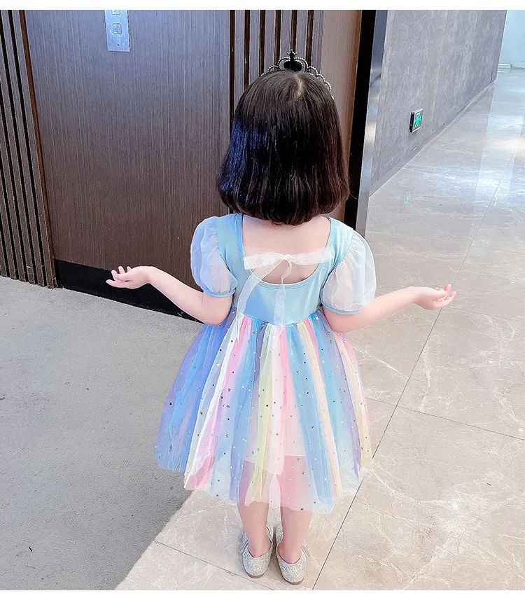 Girls Aisha Princess Dress Frozen Summer Children Rainbow Short Sleeve Dresses Baby Girl Cartoon New Fashion Elsa Clothing western dress