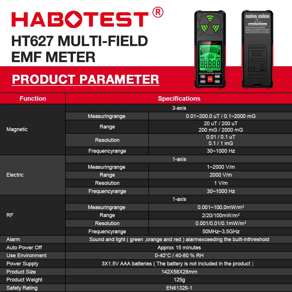 HT627 EMF Meter Professional Electromagnetic Field Radiation Detector Handheld Radio Frequency Warn Meter 3-Colors Backlight