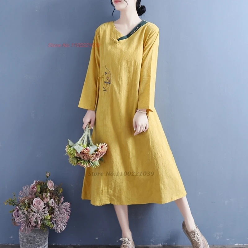 

Китайское улучшенное винтажное платье Ципао, хлопково-льняное жаккардовое платье с вышивкой в виде национальном цветка, Восточное этническое ТРАПЕЦИЕВИДНОЕ ПЛАТЬЕ, 2024