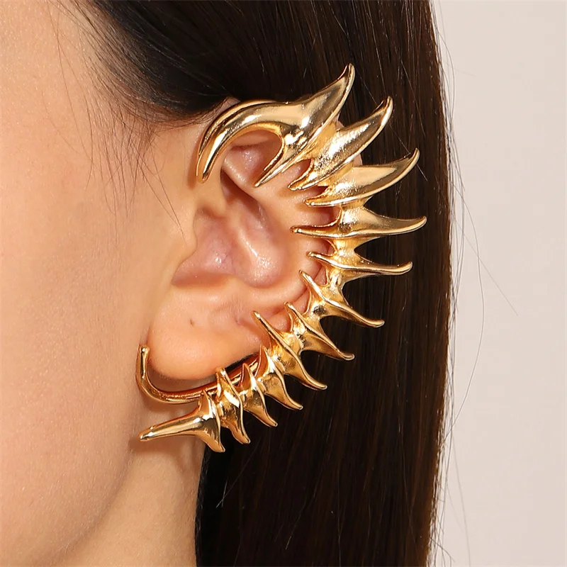 Exaggerated Spiny Dragon Bone Left Ear Clip Earrings for Women Punk Gold and Silver Color Earrings without Pin Accessories