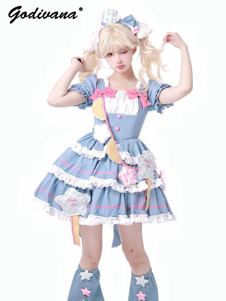 

New 2024 Summer Women's Sweet Puff Sleeve Op Dress Soft Girl Original Design Lolita Imitation Cowboy Short Princess Dresses