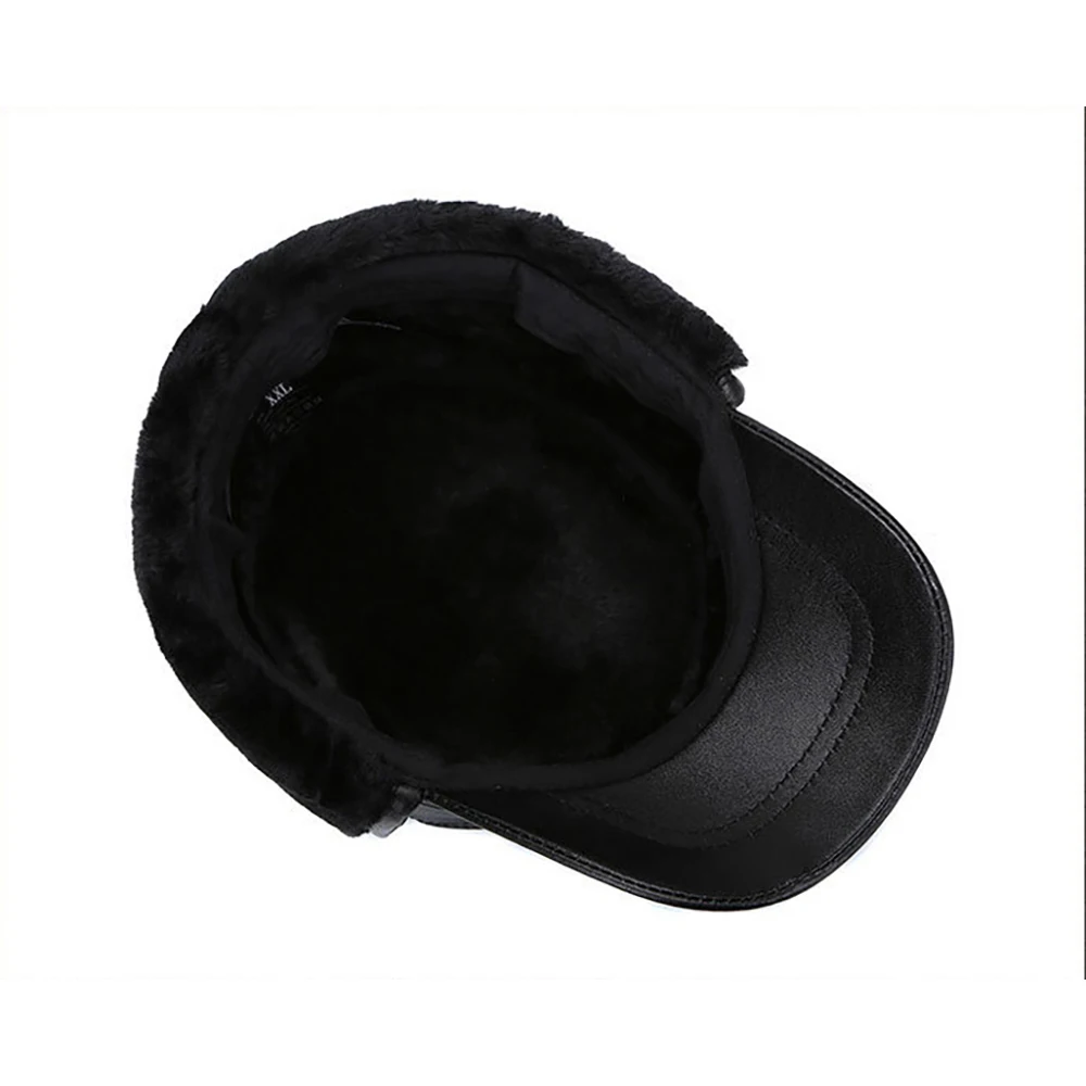 Men Ear Flap Genuine Leather Hat Winter Vintage Baseball Caps Thicken Warmer Flat Hats Fashion Real sheepskin Cap 2025