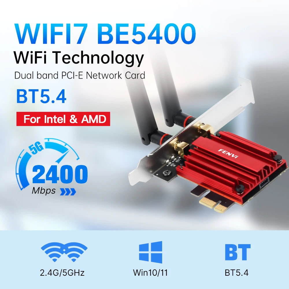 מתאם אלחוטי PCIE WiFi 7 של fenvi BE5400 Bluetooth 5.4 WiFi7 MT7925 כרטיס רשת 2.4G/5G/6GHz 802.11be עבור מחשב שולחני Win 10/11