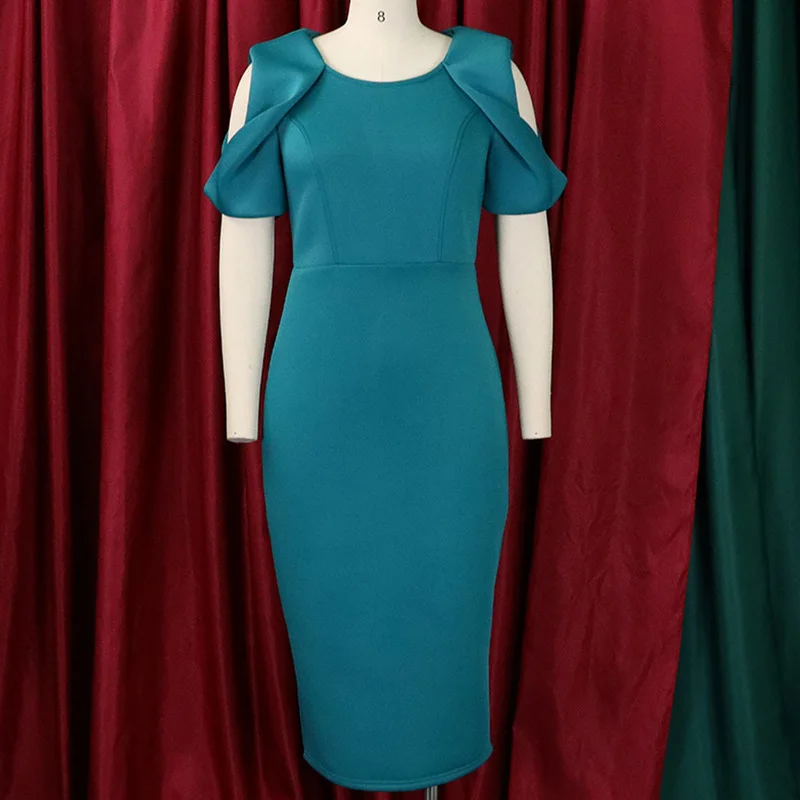 Round Neck Pleated Bag Hip Plus Size Dresses Office Lady Solid Color Short Petal Sleeve High Waist Summer Elegant Pencil Skirt