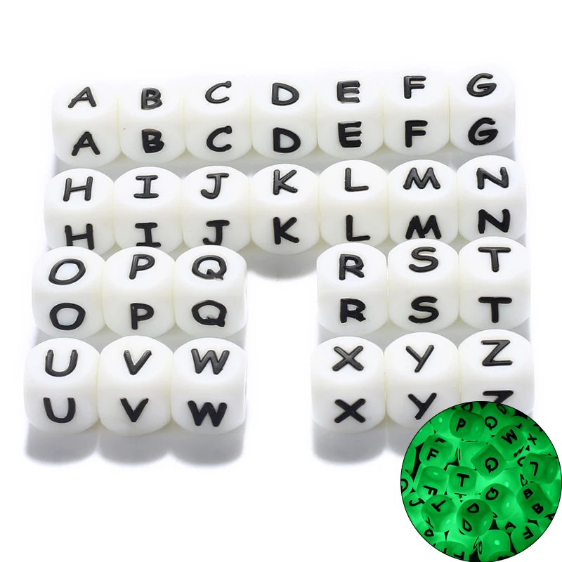 

50Pcs 12mm Green Luminous English Letter Silicone Bead Alphabet DIY Necklace Pacifier Chain Baby Glow In the Dark Silicone Bead