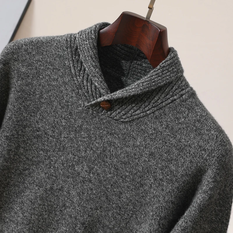 Autumn and Winter New Men's 100% Merino Wool Knitted Bottom Sweater with One Button Collar, Thick, Warm and Loose  Pullover 5