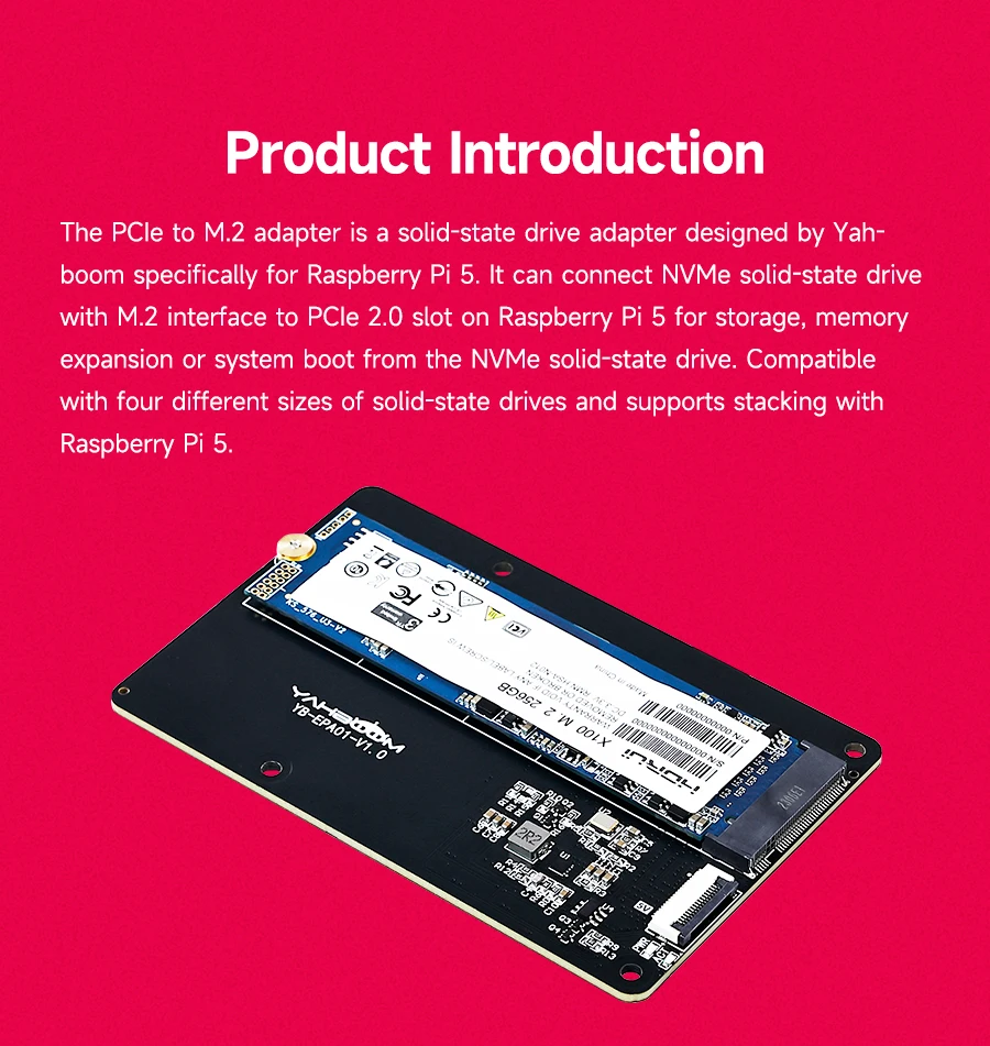 Raspberry Pi 5, dedizierte PCIe-zu-M.2 NVME SSD-Solid-State-Laufwerk-Erweiterungskarte mit FPC-Kabel, unterstützt aktiven Kühler für RPI 5 – Detail 4