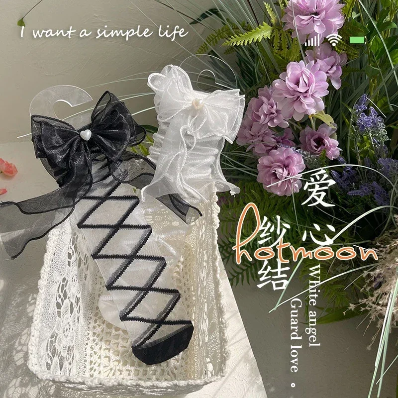 Summer Kawai Kids Girls Transparent Calf Socks Black White Striped Bow Ribbon Sock for Children Lace Cute Korean School Sock