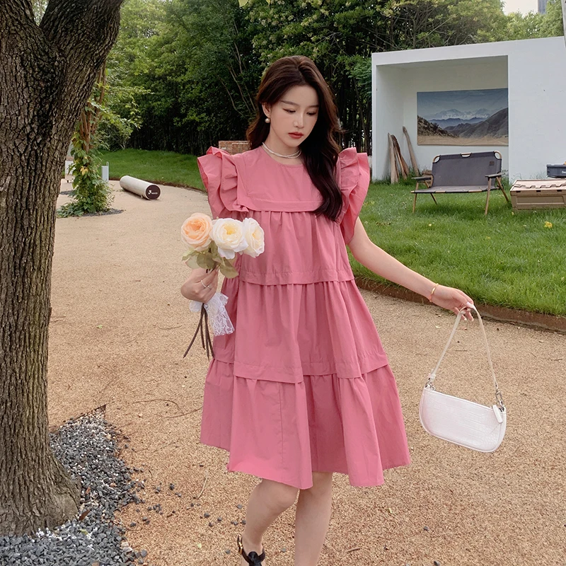 

Flying Sleeve Pregnant Woman Ball Gown Dress Double Layers Ruffles Patchwork Maternity Cake Dress Sweet Pregnancy Clothes Cute