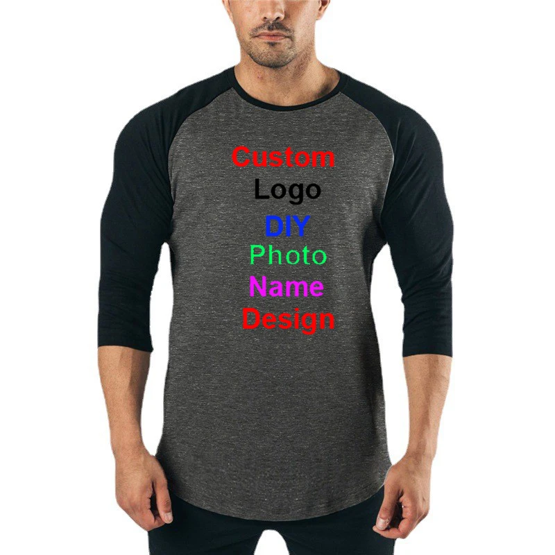 Angepasst DIY Marke Logo Herbst Mode Hülse Mit Drei Vierteln Fitness T-shirt Männer Patchwork Oansatz Gym T shirts Dünne T-shirts – Detail 7