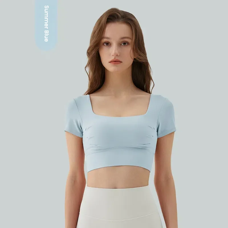 חולצת יוגה לנשים עם חזה נשלף, חולצת ספורט מקופלת עם גב חורק, חולצת כושר מהירה לייבוש לריצה, פילאטס, חדר כושר