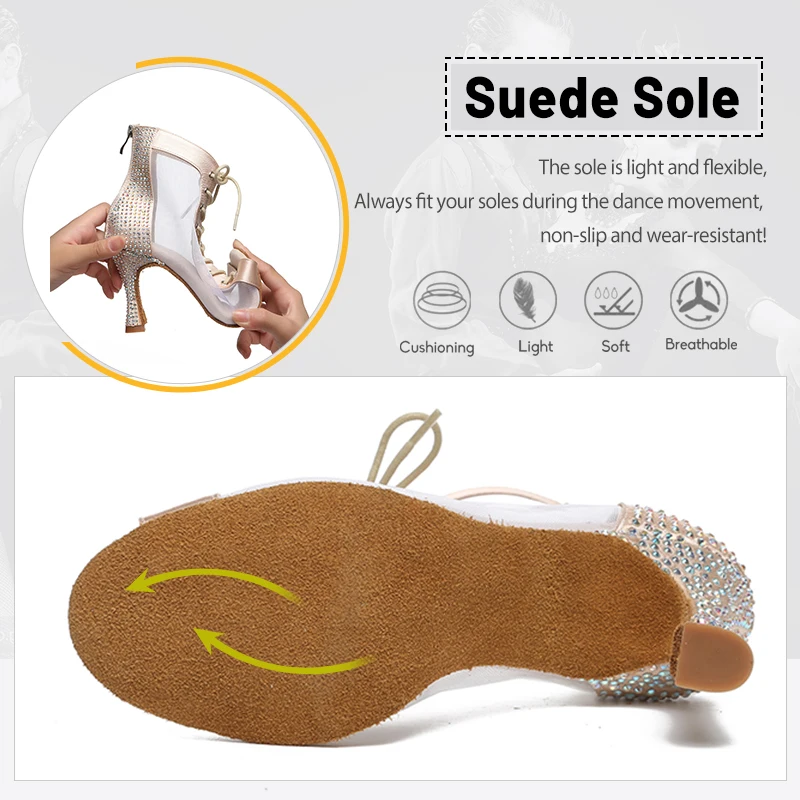 DKZSYIM Women Latin Dance Shoes Rhinestone Ballroom Party Lace-Up Tango/Salsa Dancing Shoes High Heels 6-10CM Soft Suede Sole 3