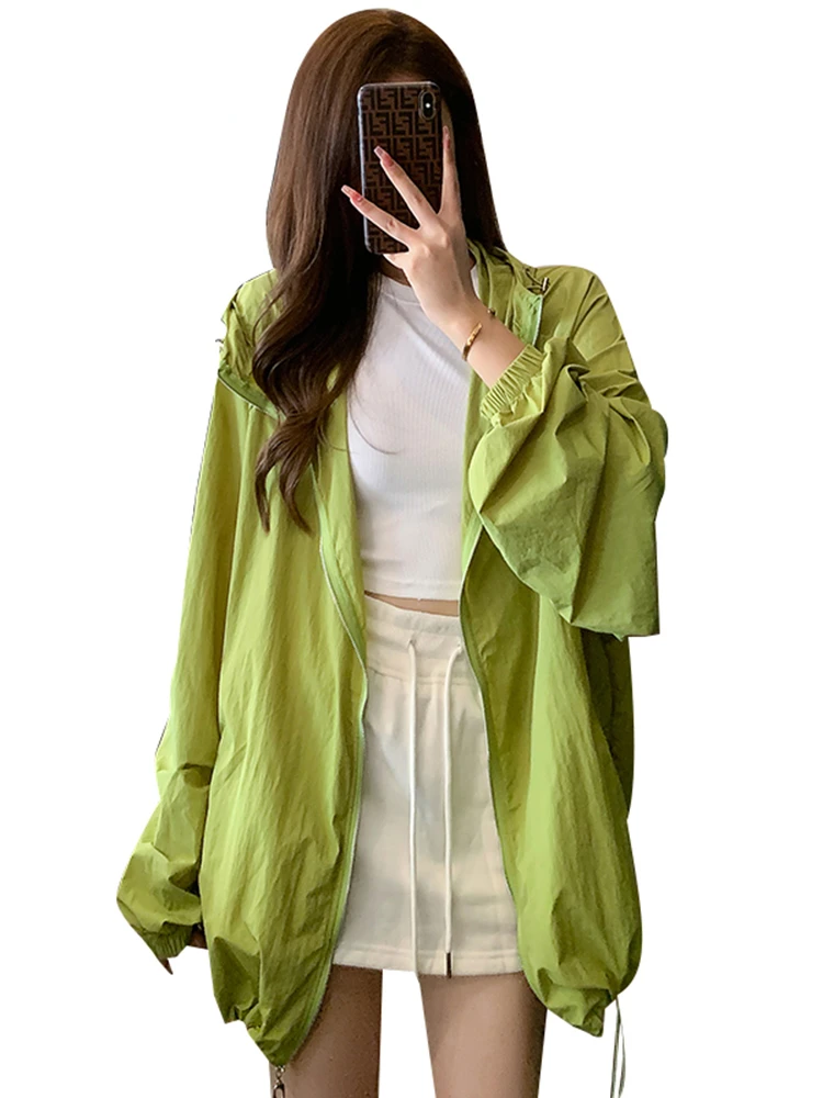 

Loose Hooded Solid Color Female Trench Fashion Office Ladies Drawstring Green Black White Simple Sunscreen Clothing Tench