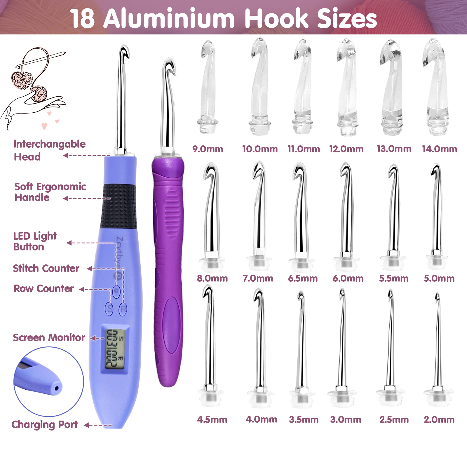 18 Sizes Crochet Hook Set with LED Light and Stitch&Row Counter Digital Ergonomic Handle Knitting Kit DIY Tool for Beginner
