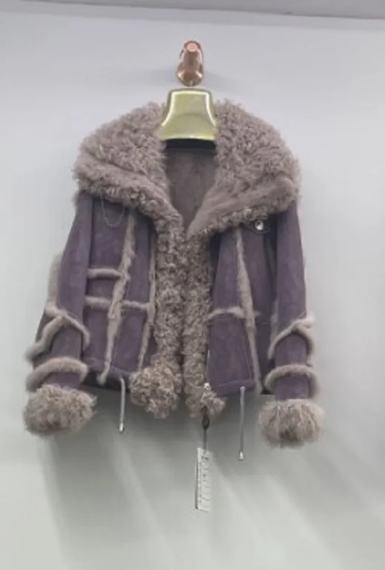 Real Purple Rabbit Fur Coat With  Sheep Skin Collar 2023 Winter New Design