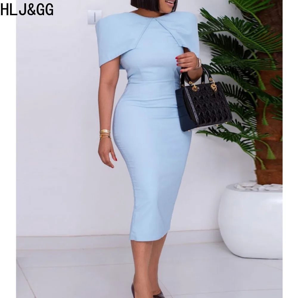

HLJ&GG Elegant Office Lady Slim Dresses Women Short Sleeve Bodycon Mid Dress Autumn Female Solid Color OL Vestidos Clothing 2023