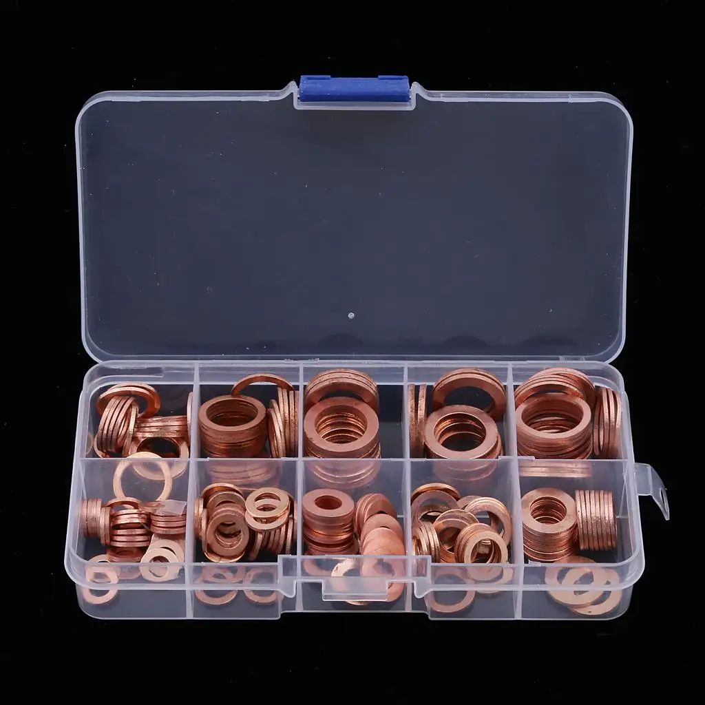 Copper Washer Gasket Nut Bolt Set Flat Seal Sealing O ring Solid Gasket Assortment Kit 200Pcs Car Engine Oil Sump Plug oil drain plug gasket oil drain plug seal washer o ring gasket sealing washers engine gasket set copper gasket combination