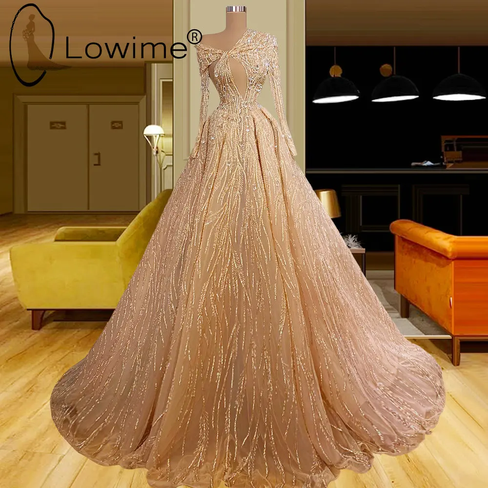 

Champagne Sparkly Long Evening Dresses for Women Weddings Party 2022 Luxury Long Sleeve Formal Pageant Grand Celebrity Gowns