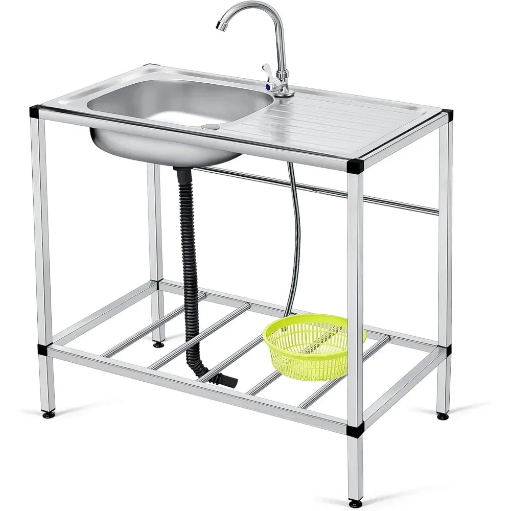 Tandefio Freestanding Outdoor Kitchen Utility Sink Set Stainless Steel Single Bowl Sink Commercial Restaurant Utility Portable