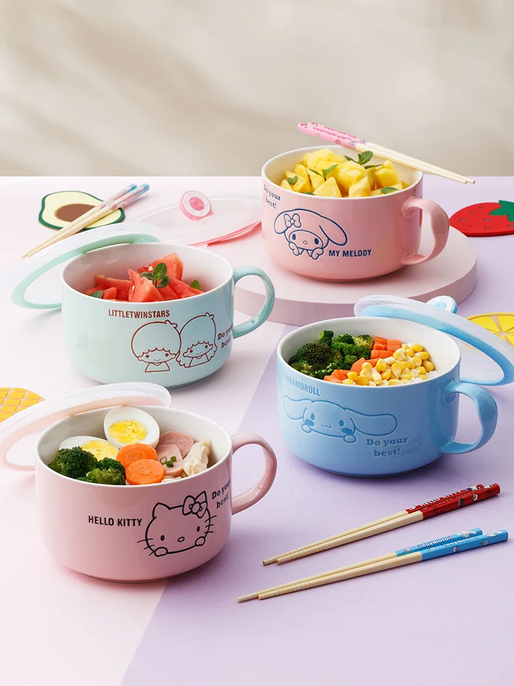 

Ланчбокс Sanrio Kawaii Hellokitty My Melody Cinnamoroll, керамическая миска с крышкой, милая столовая посуда большой емкости для студенческого общежития