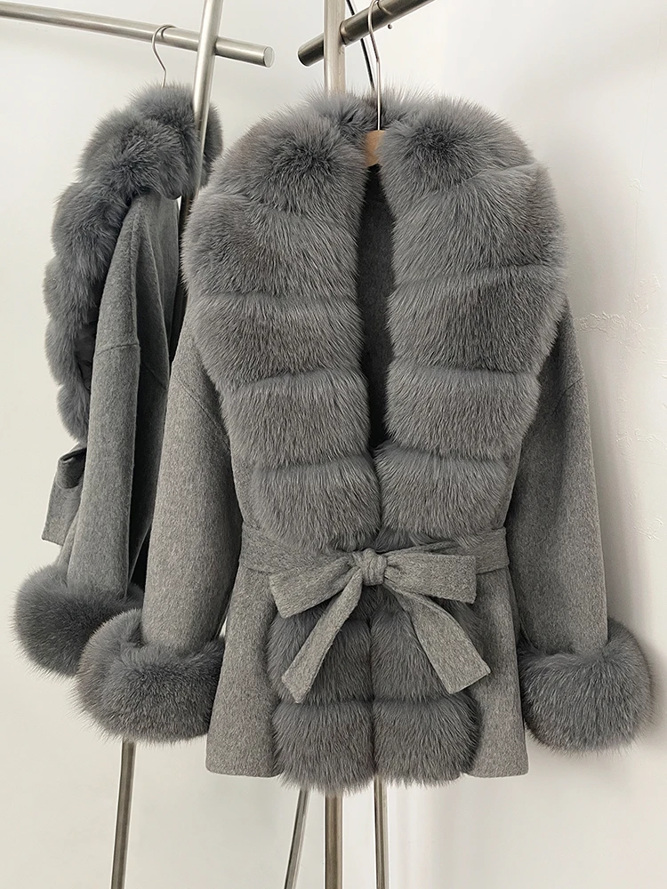 OFTBUY nouveau automne haut d'hiver vêtements grande vraie fourrure de renard pinnacle manteau de laine femme chaud naturel col de fourrure de renard laine veste femmes