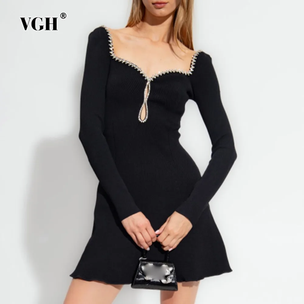 

VGH Solid Patchwork Diamonds Slimming Dress For Women Square Collar Long Sleeve High Waist Hollow Out Short Dresses Female New