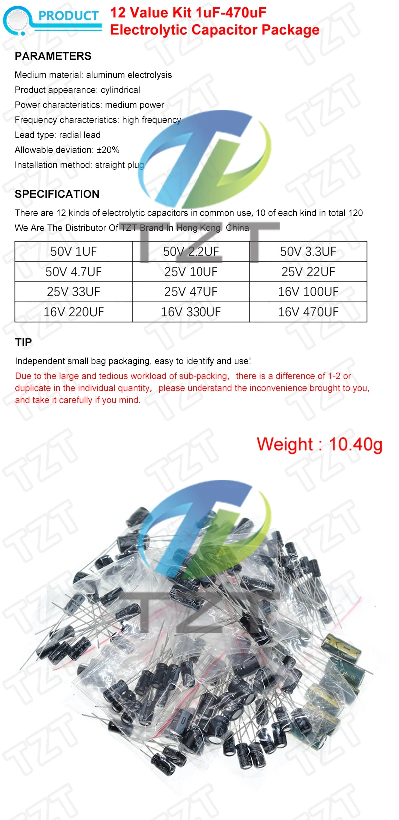 120 Stück 12-Wert-Kit TZT 1uF-470uF Elektrolytkondensatorpaket 1UF 2,2UF 3,3UF 4,7UF 10UF 22UF 33UF 47UF 100UF 220UF – Detail 1