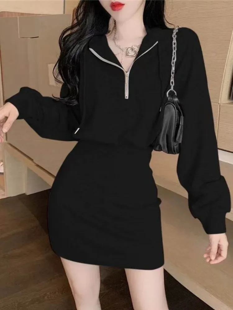 

QWEEK Korean Style Hooded Dress Women Kpop Bodycon School Sport Black Zip Mini Short Dresses Casual 2023 Autumn Old Money
