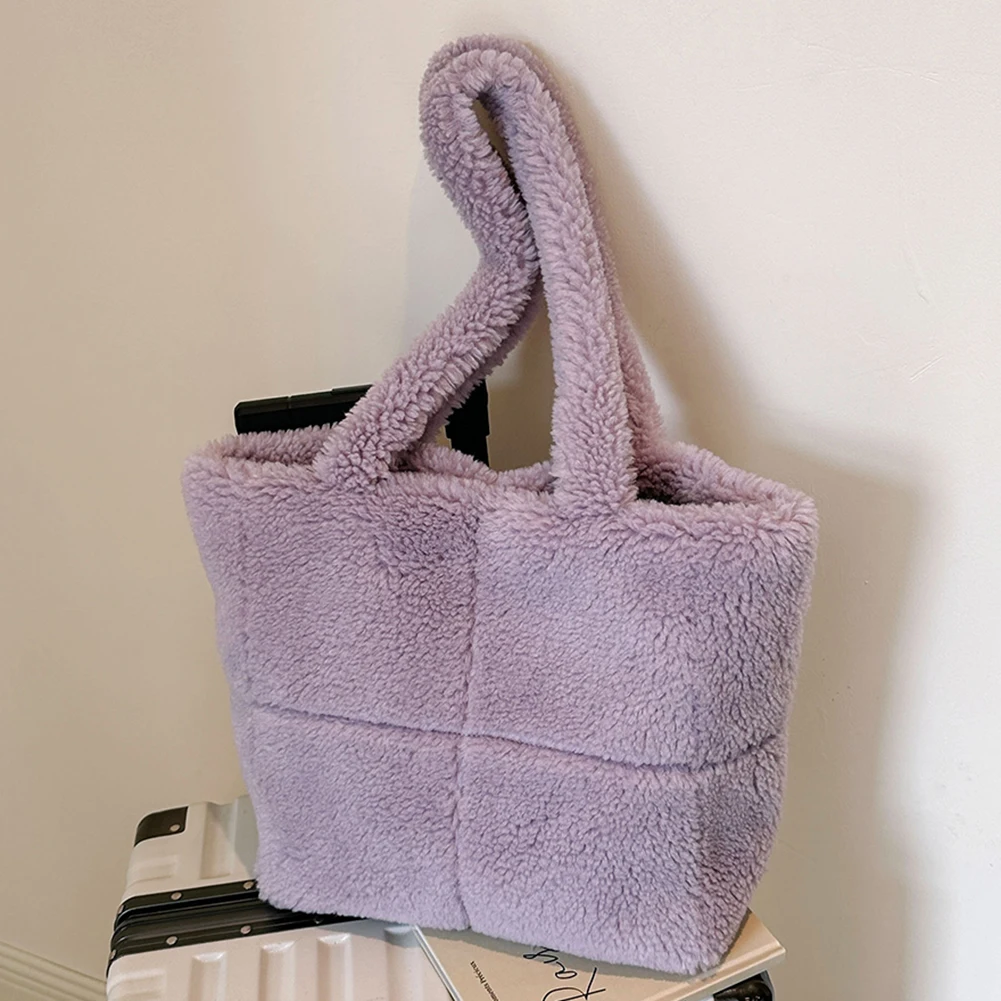 Lambswool Tote Bag Women Large Plush Tote Handbag Lightweight Fuzzy Shoulder Bag Furry Armpit Bag Winter Shopping Bag