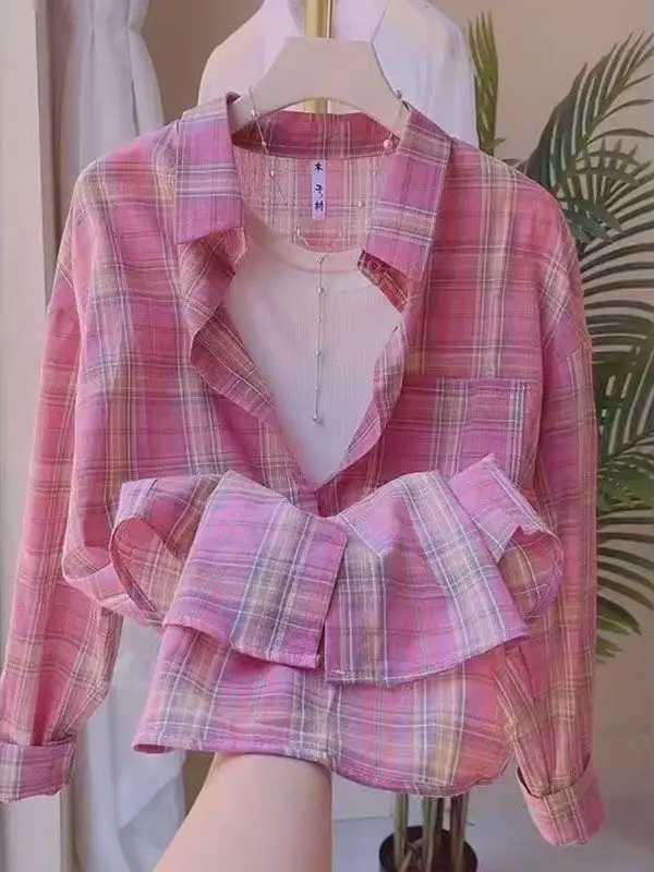 Summer 2025 New Sle Women's Loose Long Sve Plaid irt Thin Sun Protection Outerwear Casual Busin Polyester Fiber