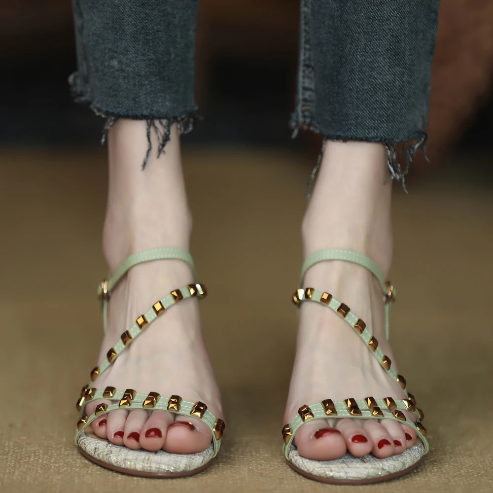 

Retro Shoes Woman Summer Sandals French Style Ladies Shoes Thick Heel 6.5CM PeepToe Cowhide Leather One Strap Buckle Sandals