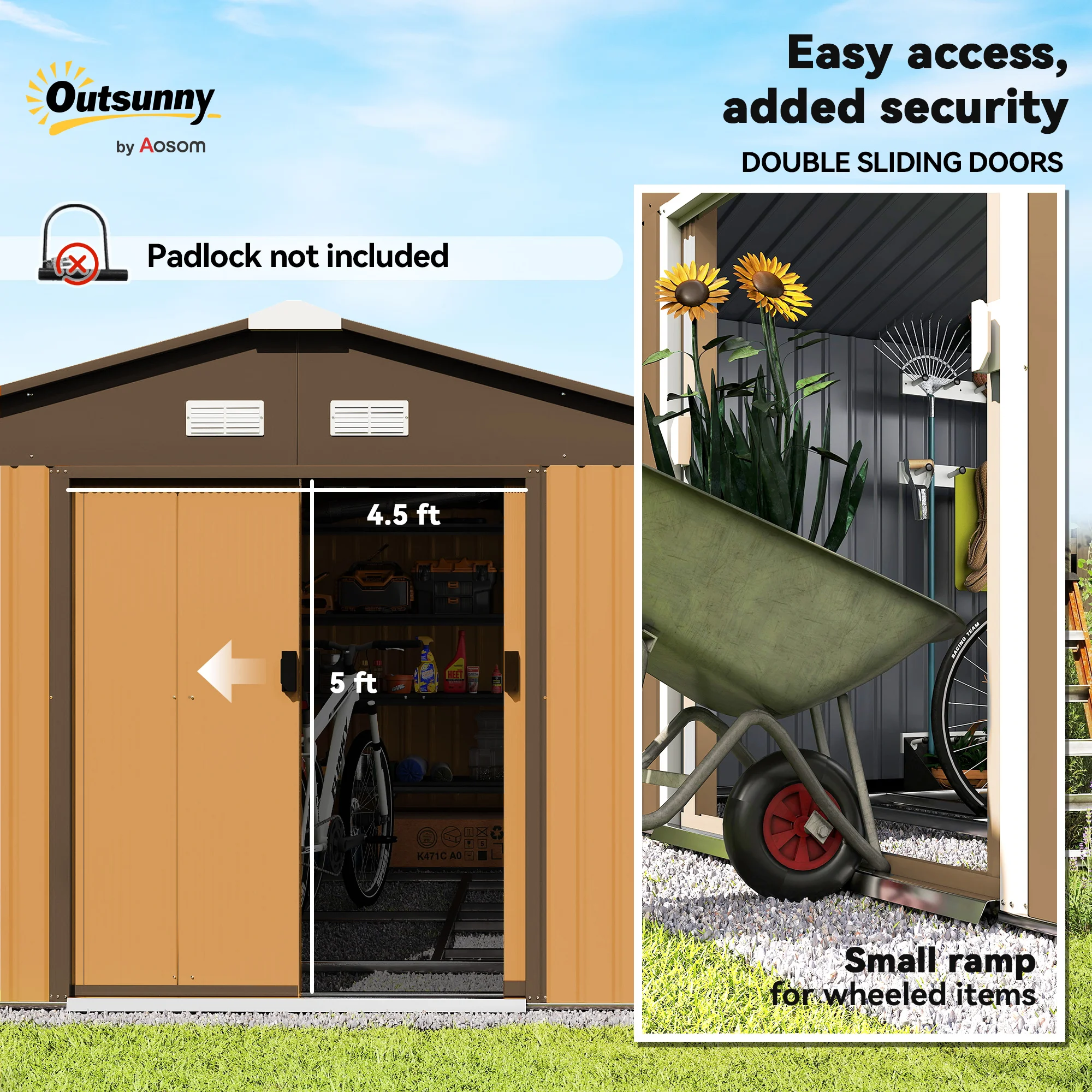 Outsunny 13 X 11ft Garden Shed Storage with Locking Door and Foundation Kit, Light Brown