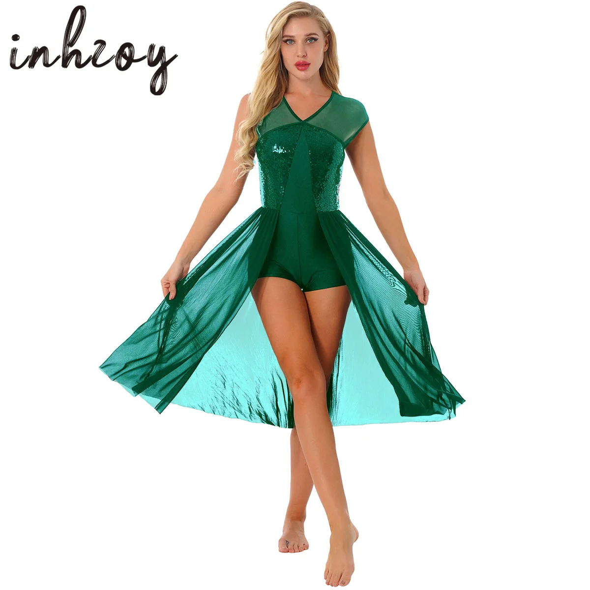 

Women Ballet Dress Gymnastic Leotard Sequin Sleeveless Stretchy Mesh Chiffon Dancewear Ballroom Contemporary Dance Costume