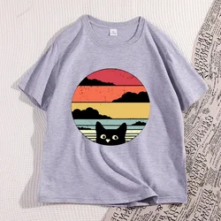 Vintage Black Cat Sunset Graphic Unisex T - Shirt - Cool Streetwear, Casual High - Quality Cotton Y2K Tee - XXXL (GRAY)