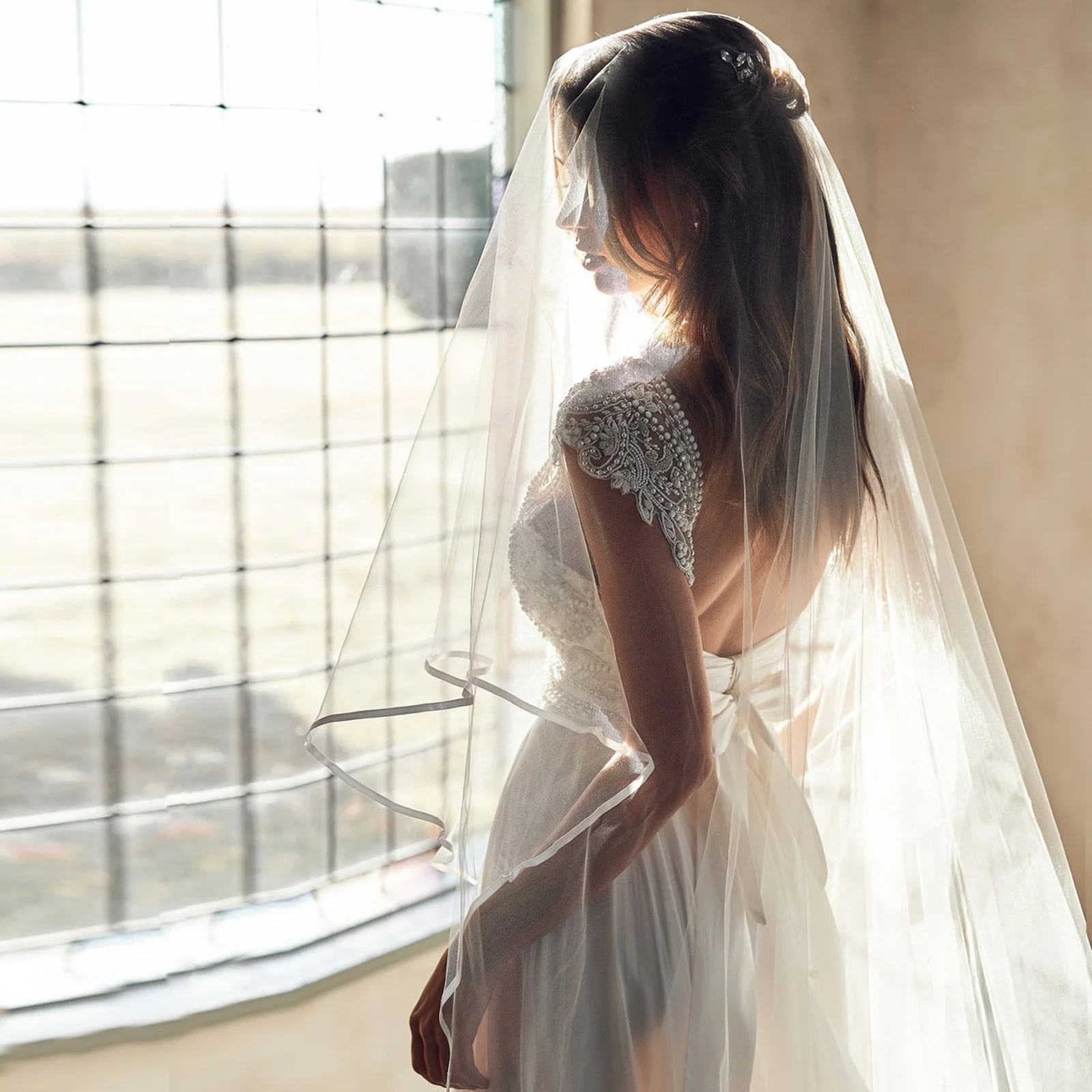 Wedding Veil Ribbon Edge 2 Tier bridal veil Wedding Cathedral Length Cover Front and Back Soft Italian Tulle Veil V97