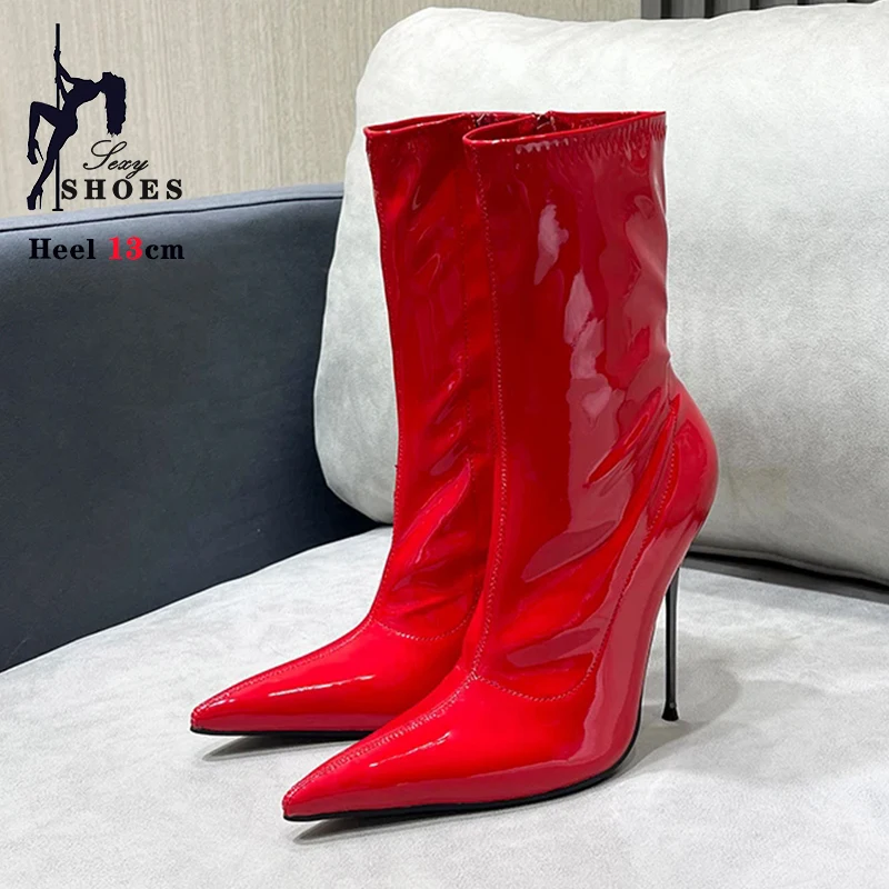 Spring Autumn Women Ankle Boots Ultra Thin High Heel Shoes Sexy Trend Pointy Toe Sewing Zipper Light Patent Leather Ankle Boots