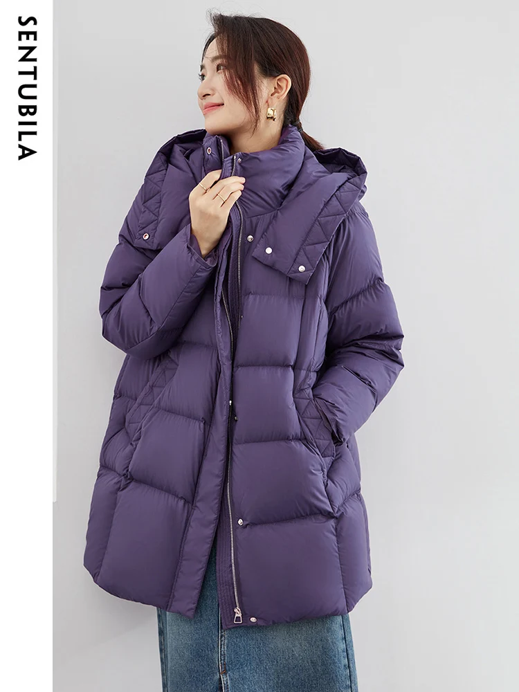 SENTUBILA Women's Loose Hooded Down Jacket 2023 Winter Fashion Zipper Mid Length Down Coats Duck Down Warm Outwears W34Y49697