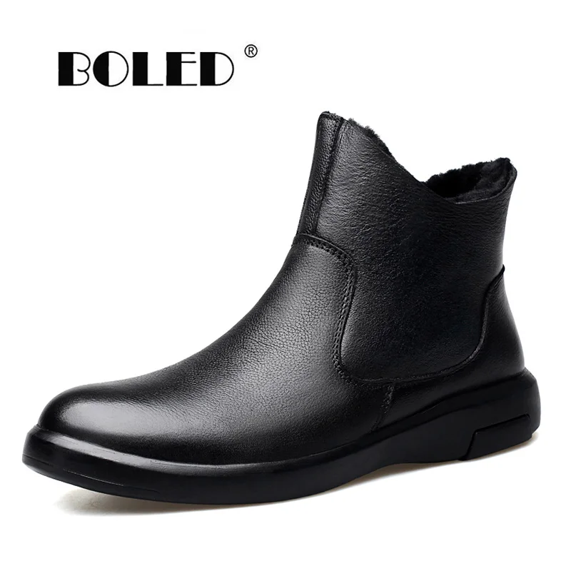 

Genuine Leather Boots Men Retro StyleNatural Wool Ankle Snow Boots Shoes Rubber Sole Waterproof Winter Shoes Men