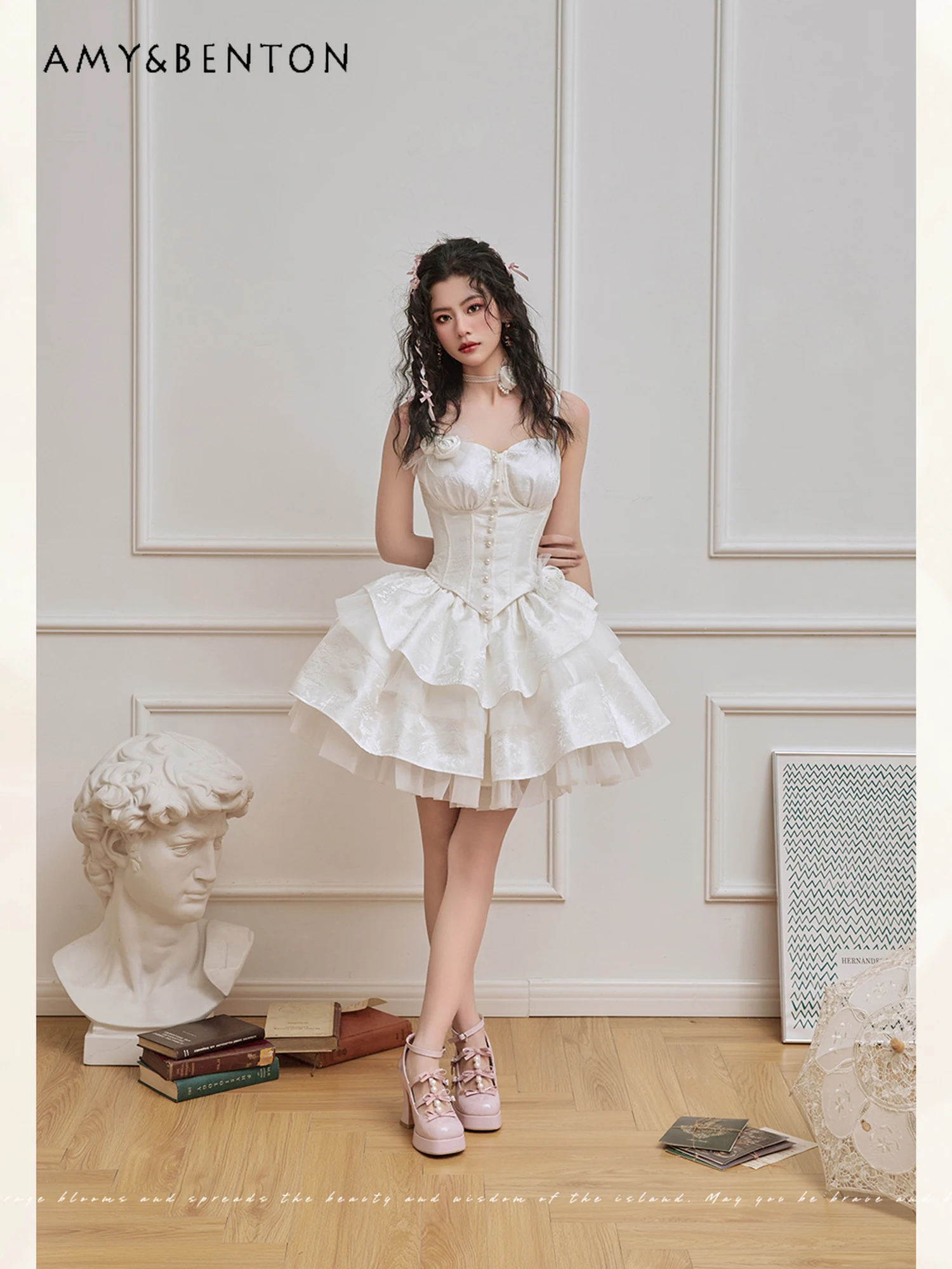 Lolita Skirt Sets French Elegance Off Shoulder Top Mini Skirt Two-Piece Sets Womens Outfits Lolita High-Grade Princess Dress