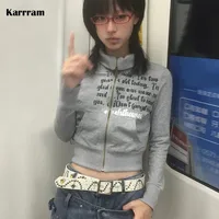 Karrram Japanese Y2k Cropped Jacket Vintage Harajuku Short Coat American Retro Letter Print Zipper Sweatshirt Grunge Outerwear 1