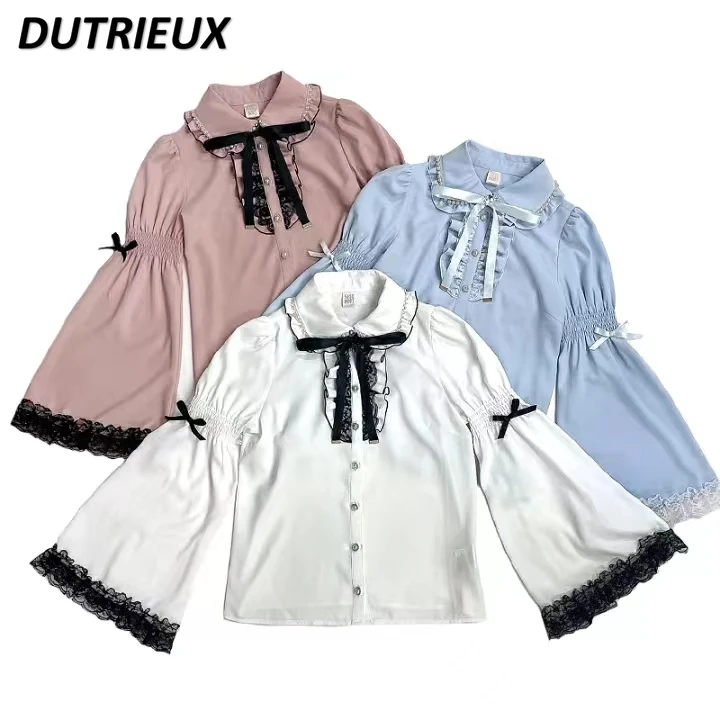 

Spring Autumn New Lolita Shirts SC Japanese Style Casual Blouse Heavy Industry Retro Lace Shirt Bow Long Sleeve Top for Women