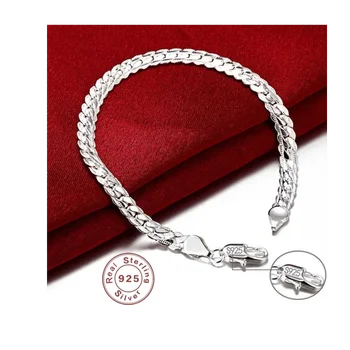 925 Sterling Silver Bracelet 6mm 18cm Flat Side Chain Lobster Clasp For Woman Man Wedding Engagement Jewelry Silver Bracelet