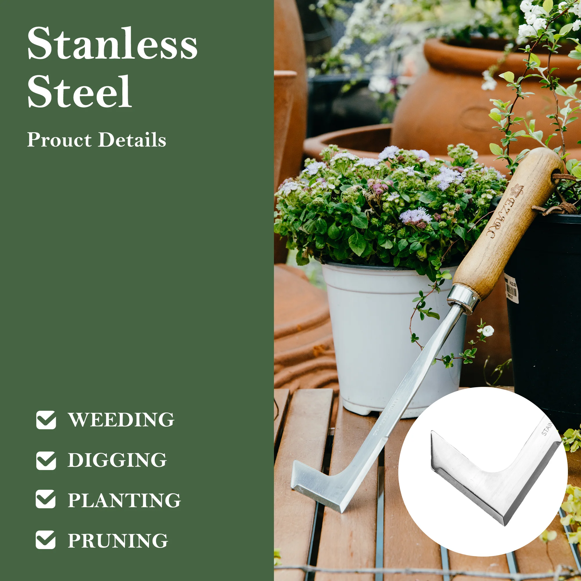 EZAEC Crack Weeder Crevice Weeding Tool Stainless Steel Manual Weeder Beech Handle Lawn Yard Gardening Tool 3