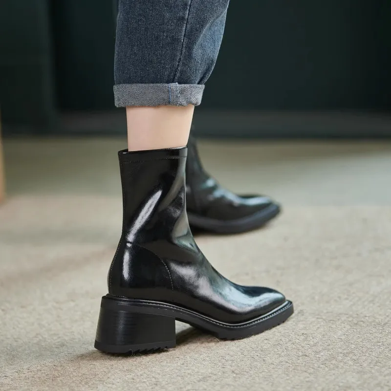 

Женские ботинки на молнии, ботинки челси из искусственной кожи, до середины икры, на резиновой подошве, в римском стиле, для осени и зимы, 2023