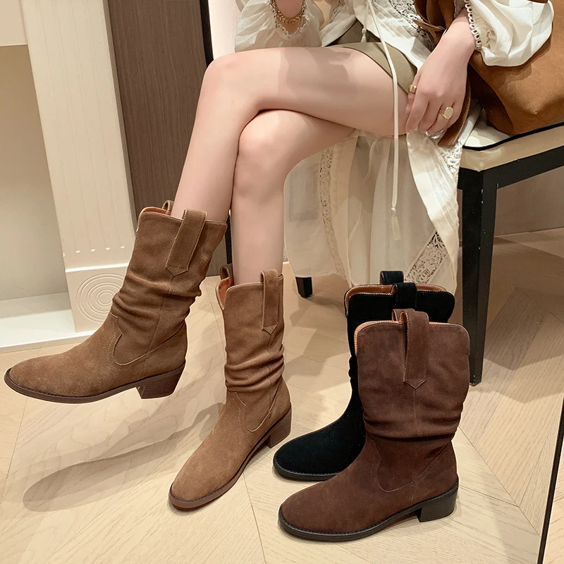 

2023 new Autumn winter Women mid-calf boots natural leather 22-25cm cow suede+pigskin modern boots square toe western boots